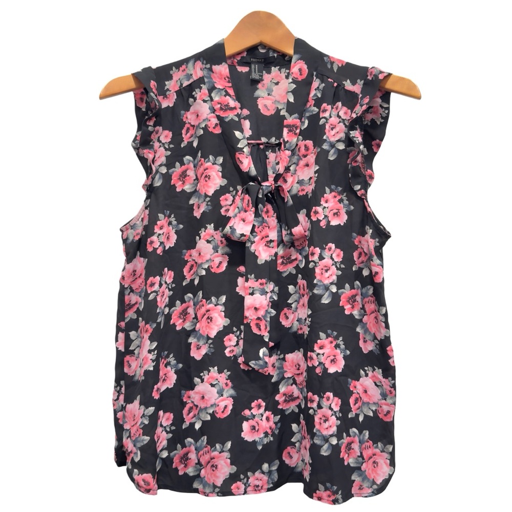 FOREVER 21 Pink Tie Front Pink Floral Ruffle Capped Sleeve Blouse